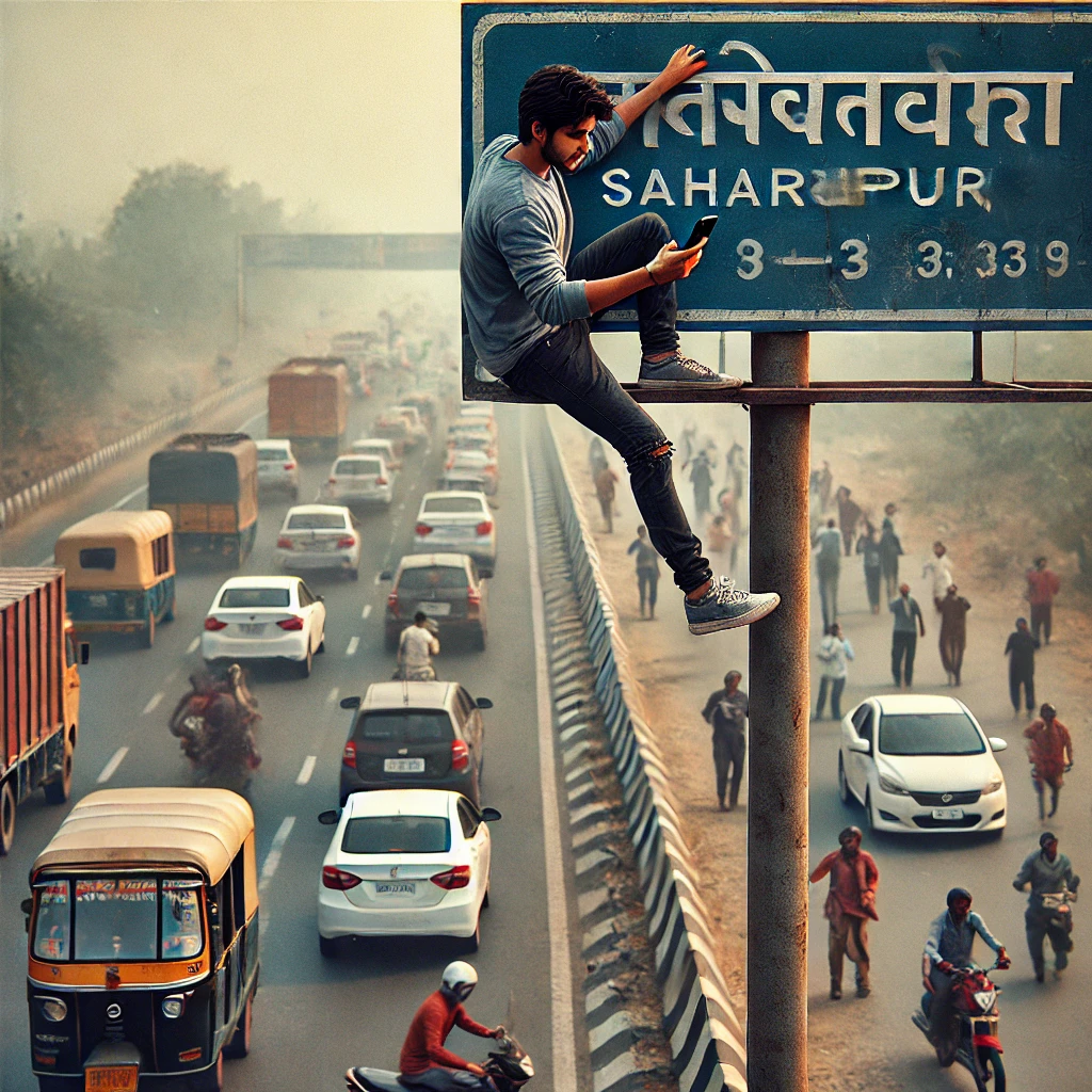 Saharanpur : हाईवे पर खतरनाक स्टंट ! बोर्ड पर चढ़कर रील बनाने वाले शख्स का वीडियो वायरल, अब होगी कार्रवाई