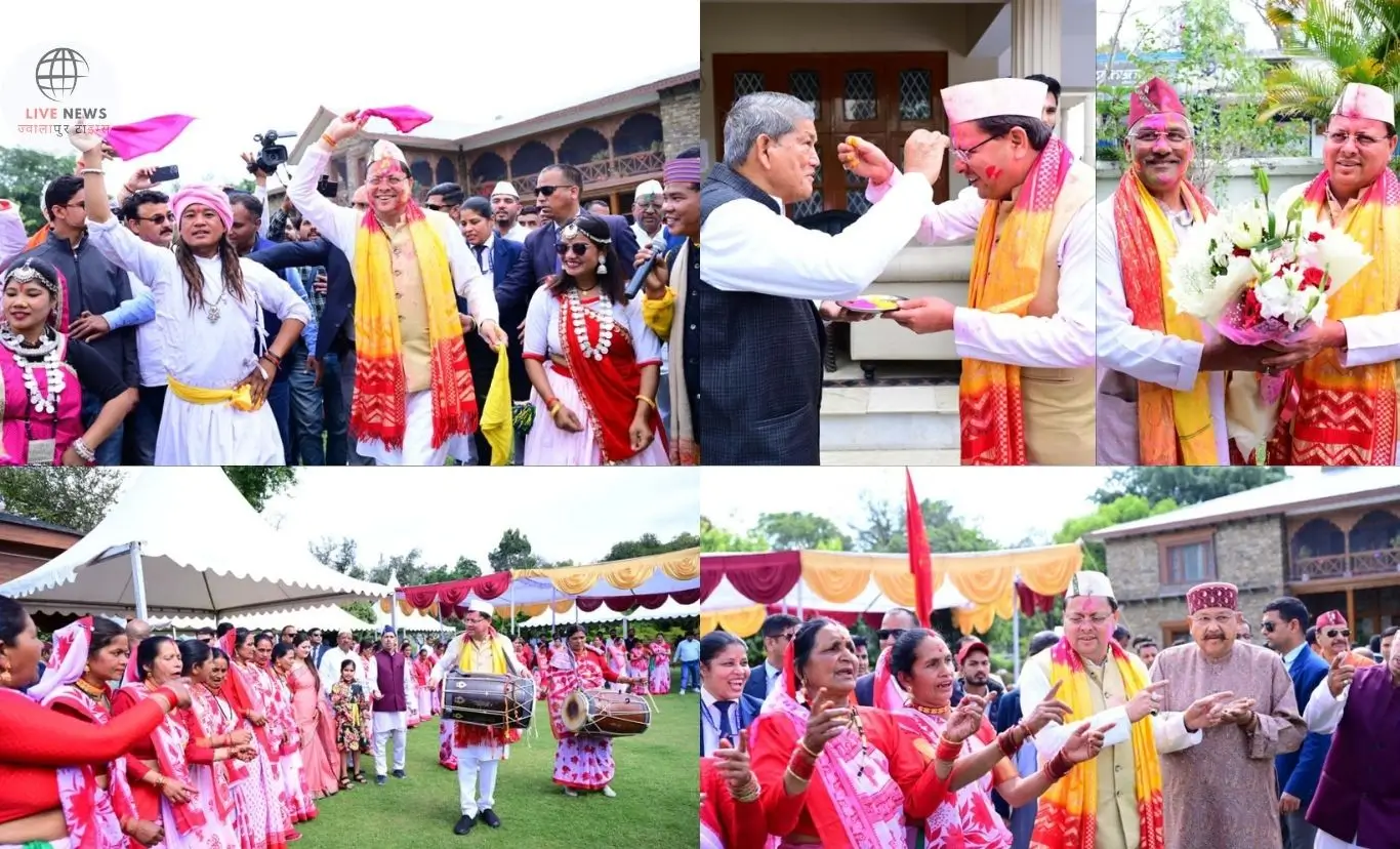 "मुख्यमंत्री पुष्कर सिंह धामी होली मिलन में कलाकारों संग रंगों का आनंद लेते हुए"