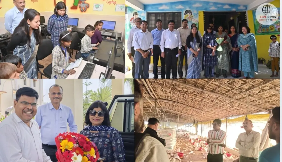 रुकसार देवी अपने पोल्ट्री फार्म में मुर्गियों की देखभाल करते हुए प्राथमिक विद्यालय में बच्चों से बातचीत करती अपर सचिव रंजना राजगुरु