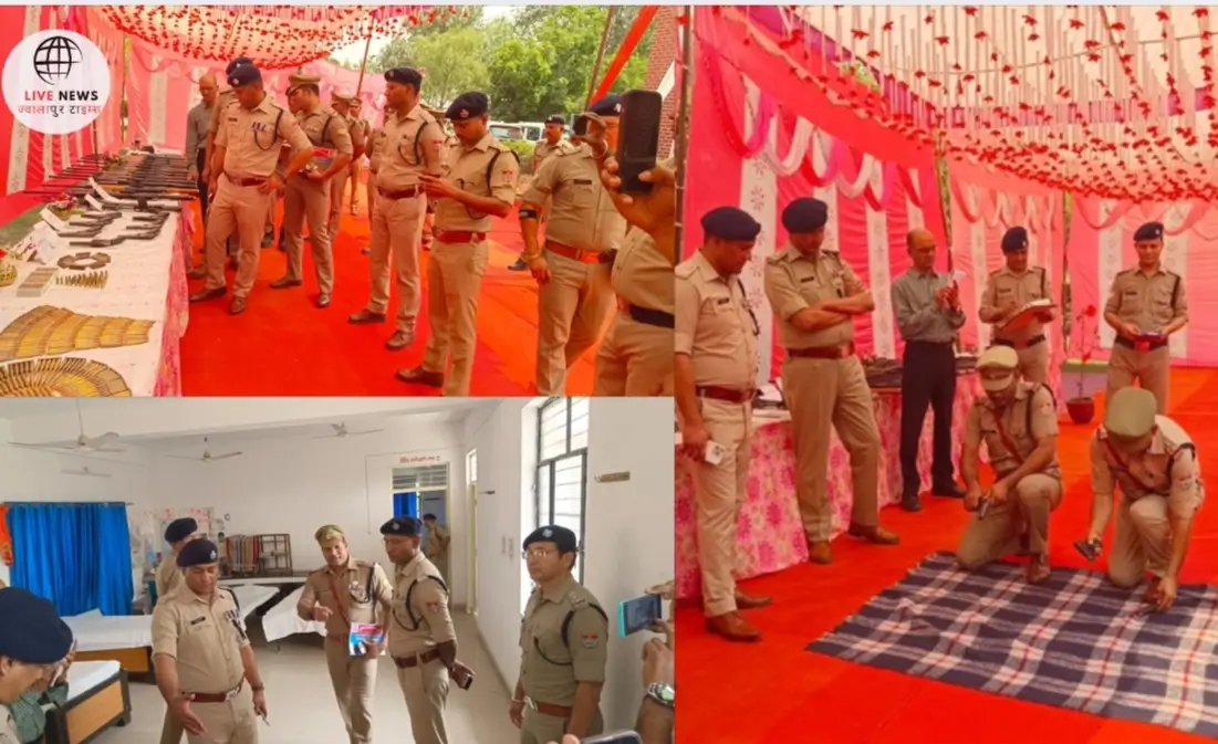 "SSP प्रमेन्द्र सिंह डोबाल बहादराबाद थाने का निरीक्षण करते हुए, पुलिस गार्द से सलामी ग्रहण करते हुए अधिकारीगण के साथ।"