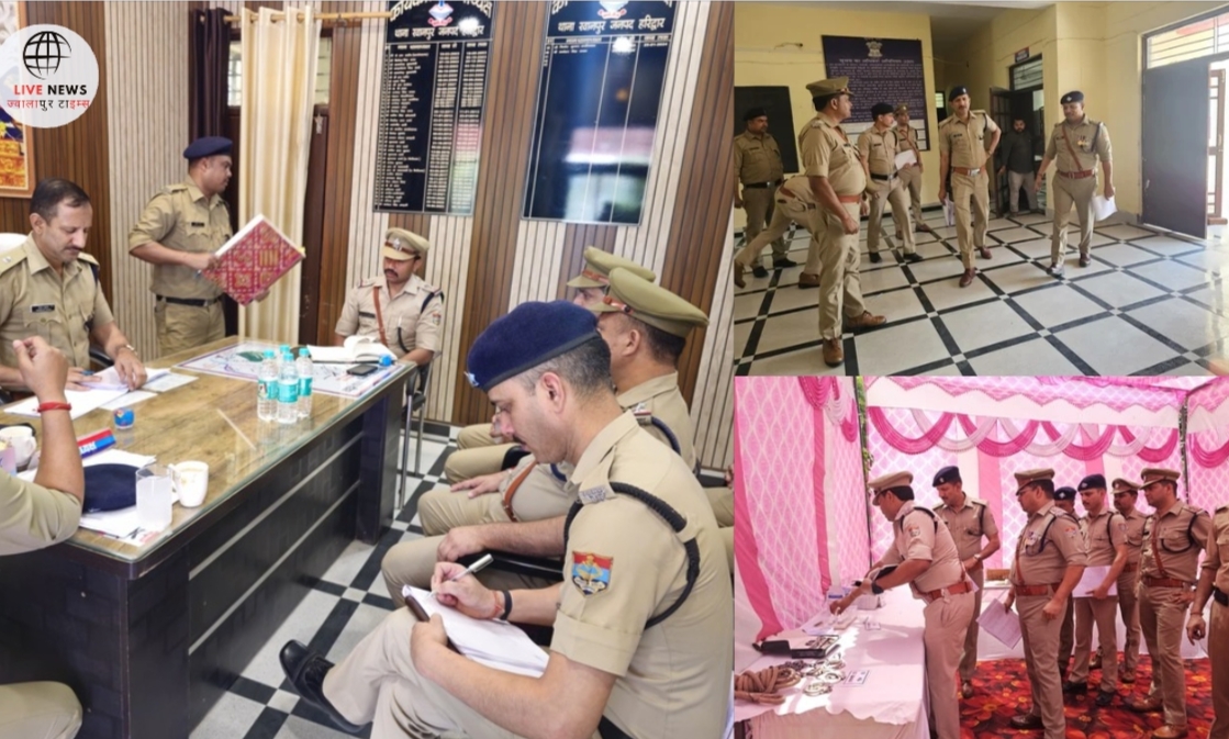SP शेखर चंद्र सुयाल खानपुर थाने में निरीक्षण करते हुए, पुलिस कर्मियों को निर्देश देते हुए।