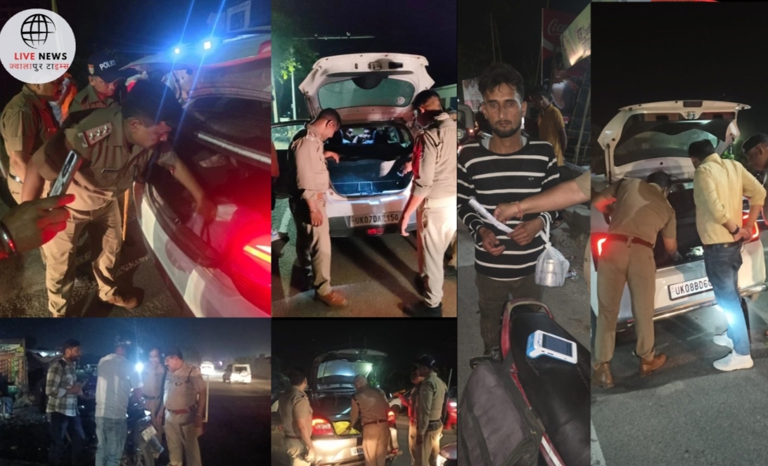 हरिद्वार में पुलिस द्वारा वाहन चेकिंग करते अधिकारी, थाना बहादराबाद क्षेत्र में शाम के समय चेकिंग अभियान की तस्वीर
