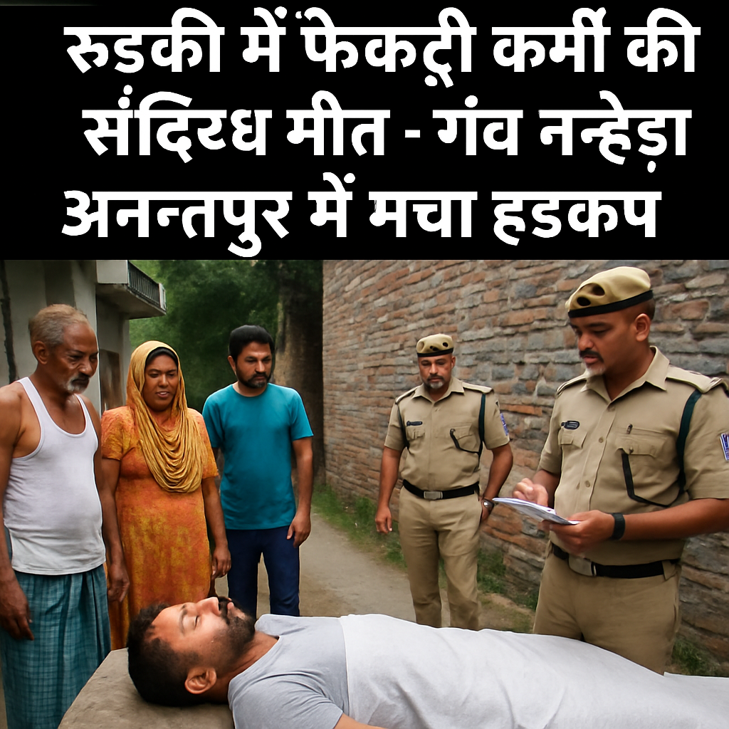 रुड़की के गांव नन्हेड़ा अनन्तपुर में फैक्ट्री कर्मी की संदिग्ध हालत में मौत पर जांच करती पुलिस।