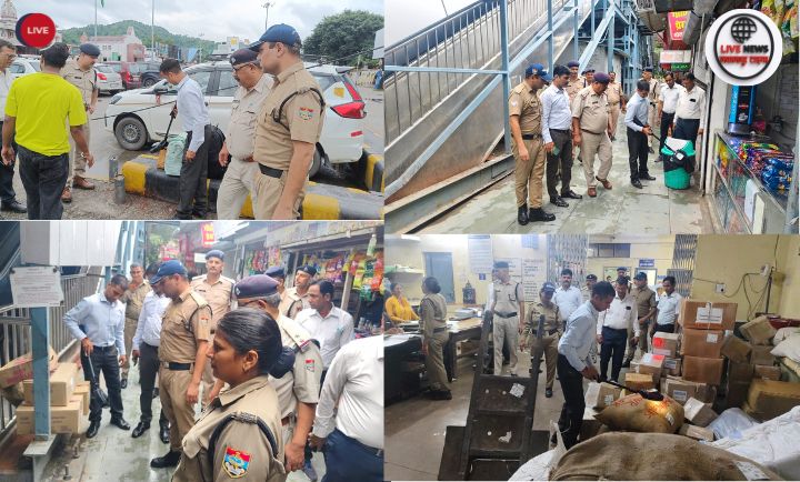 जीआरपी और आरपीएफ टीम द्वारा रेलवे स्टेशन प्लेटफार्म पर संदिग्ध वस्तुओं की तलाशी लेते हुए सुरक्षाकर्मी।