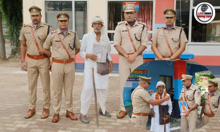 हरिद्वार के 111 साल के ग्राम चौकीदार देवीलाल जी को स्वतंत्रता दिवस पर सम्मानित करते पुलिस अधिकारी।
