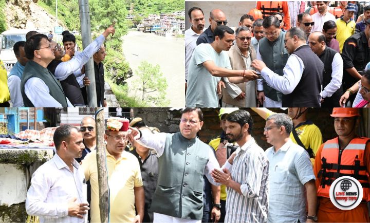 “सीएम धामी स्यानाचट्टी में आपदा प्रभावित क्षेत्र का स्थलीय निरीक्षण करते हुए”