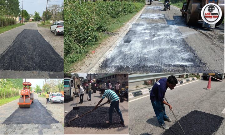 हरिद्वार में गड्ढा मुक्त सड़क पर मरम्मत कार्य करते लोनिवि अधिकारी।