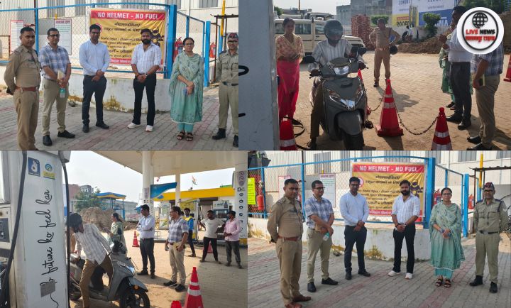 “हरिद्वार में नो हेलमेट नो पेट्रोल अभियान के दौरान पेट्रोल पंप पर हेलमेट की जांच करते परिवहन विभाग के अधिकारी”
