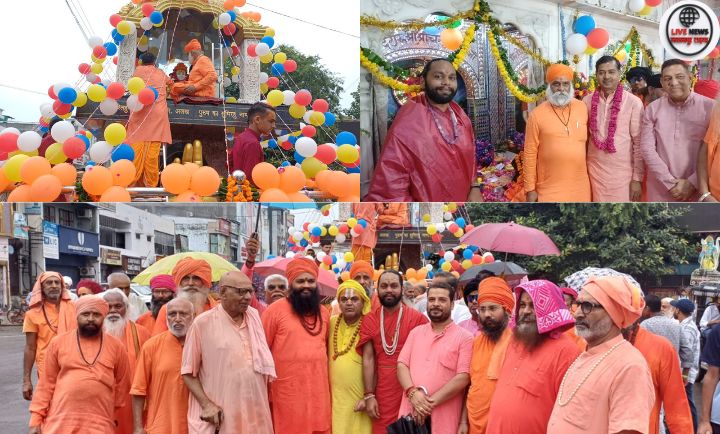 "महंत और श्रद्धालु भगवान श्री चंद्र जी के विग्रह के सामने पूजा करते हुए।"