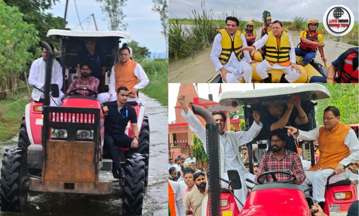 मुख्यमंत्री पुष्कर सिंह धामी ट्रैक्टर से लक्सर, हरिद्वार के आपदा प्रभावित गाँवों का निरीक्षण करते हुए।