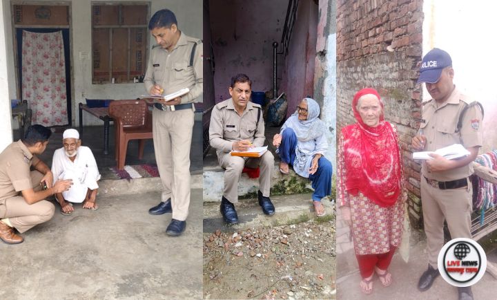 "हरिद्वार पुलिस थाना पथरी क्षेत्र में बुजुर्ग नागरिकों से मिलते हुए"