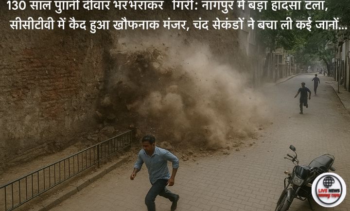 नागपुर में 130 साल पुरानी दीवार गिरने की CCTV फुटेज की तस्वीर, जिसमें धूल और मलबा सड़कों पर फैलता दिख रहा है और लोग भाग रहे हैं।