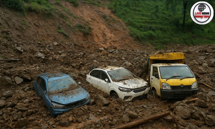 बिलासपुर हिमाचल में बादल फटने से तबाही का दृश्य, मलबे में दबी गाड़ियां और प्रभावित क्षेत्र।