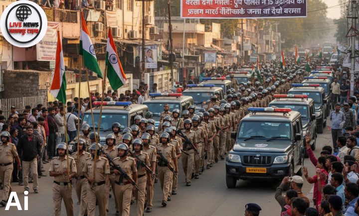 बरेली दंगे के बाद पुलिस और पीएसी का फ्लैग मार्च, सुरक्षा व्यवस्था कड़ी।