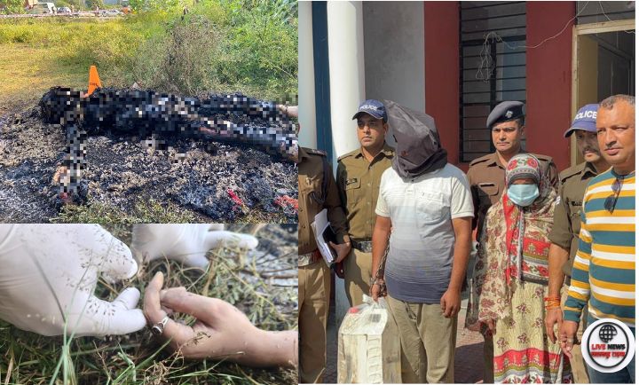 हरिद्वार पुलिस अधजली लाश केस की जांच में जुटी, श्यामपुर में बरामद ट्रक के पास टीम।