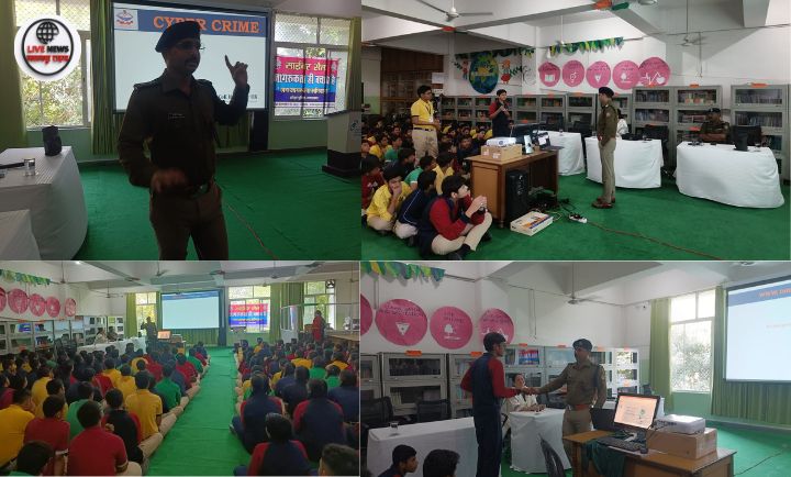 हरिद्वार पुलिस टीम BML Munjal School में साइबर सुरक्षा जागरूकता कार्यक्रम के दौरान छात्रों को संबोधित करते हुए”