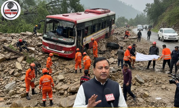 हिमाचल प्रदेश के बिलासपुर में बस पर गिरे भूस्खलन के मलबे के बाद चल रहा रेस्क्यू ऑपरेशन”