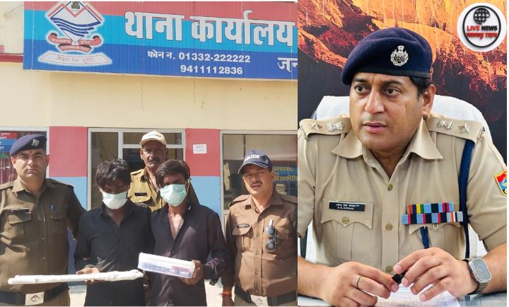 मंगलौर पुलिस द्वारा गिरफ्तार दो शातिर चोर और बरामद हथियारों के साथ टीम की तस्वीर।
