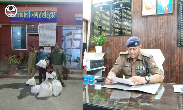 हरिद्वार पुलिस द्वारा गंगा किनारे शराब बेचते आरोपी की गिरफ्तारी और बरामद शराब।