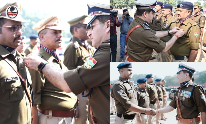 DGP दीपम सेठ द्वारा हरिद्वार पुलिस कर्मियों को प्रशस्ति डिस्क मेडल पहनाते हुए सम्मान समारोह