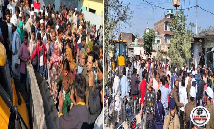 यूजेवीएनएल द्वारा शक्ति नहर किनारे अवैध मकानों पर चल रही बुलडोज़र कार्रवाई का दृश्य