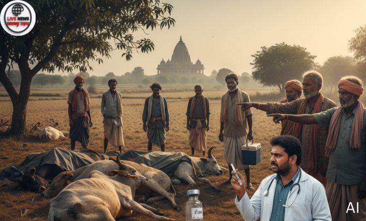 अयोध्या सोहावल में लंपी और खुरपका रोग से प्रभावित पशु का उपचार करते पशु चिकित्सा टीम”