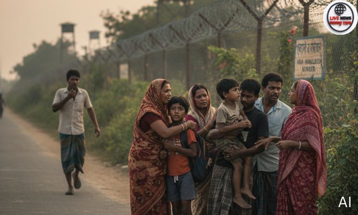 “भारत-बांग्लादेश सीमा पर देर रात पाए गए 10 वर्षीय बच्चे को पुलिस द्वारा सुरक्षित ले जाया जाता हुआ”