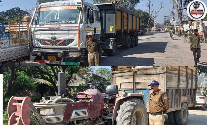 लक्सर पुलिस द्वारा अवैध खनन में पकड़े गए ट्रक और ट्रैक्टर को सीज करते हुए पुलिस टीम।