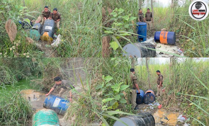 बहादराबाद पुलिस द्वारा जंगल में छापेमारी के दौरान 5000 लीटर लाहन नष्ट करते हुए”