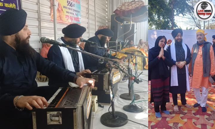 “हरिद्वार के ज्ञान गोदड़ी गुरुद्वारे में गुरु नानक देव जी के 556वें प्रकाश पर्व पर कीर्तन और अरदास करते श्रद्धालु।”