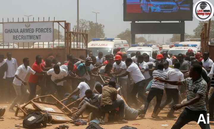 घाना के एल-वाक स्टेडियम के बाहर सेना भर्ती के दौरान मची भगदड़ के बाद बचाव दल की गतिविधि”