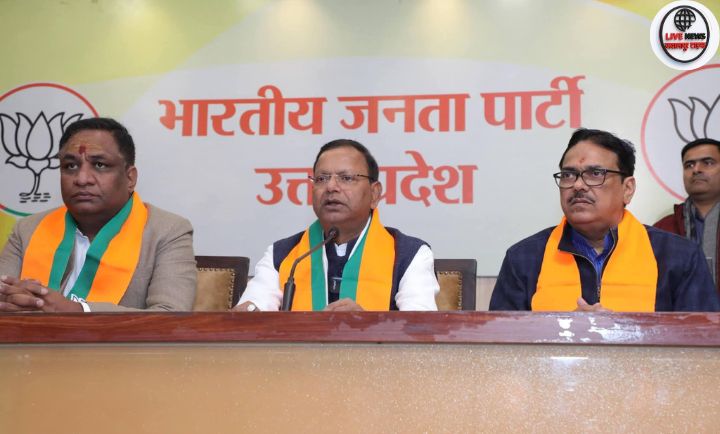 लखनऊ में प्रेस वार्ता करते प्रदेश भाजपा अध्यक्ष पंकज चौधरी”