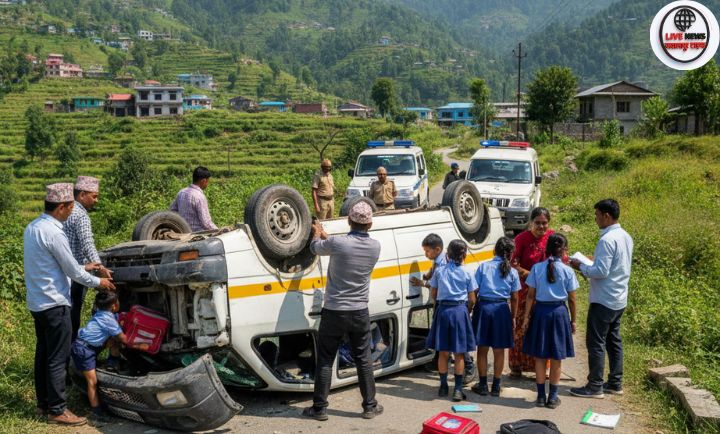 विकासनगर में स्कूली बच्चों को ले जा रही वैन पलटने का दृश्य