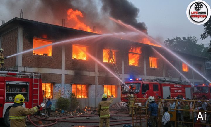 हल्द्वानी के प्राथमिक स्कूल के किचन में लगी आग पर काबू पाती दमकल टीम"