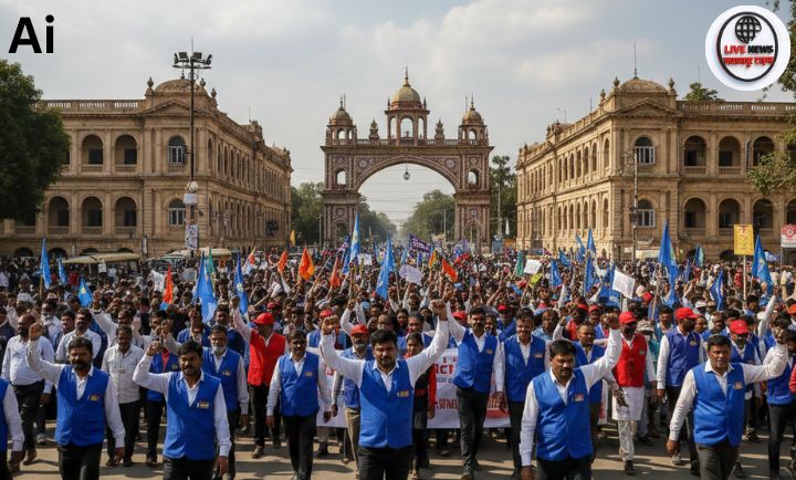 रुड़की में 26 श्रम कानूनों के विरोध में प्रदर्शन करते उत्तरीय रेलवे मजदूर यूनियन के सदस्य”