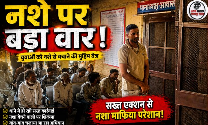 पथरी थाना परिसर में एनडीपीएस आरोपियों की परेड कराते हुए पुलिस अधिकारी