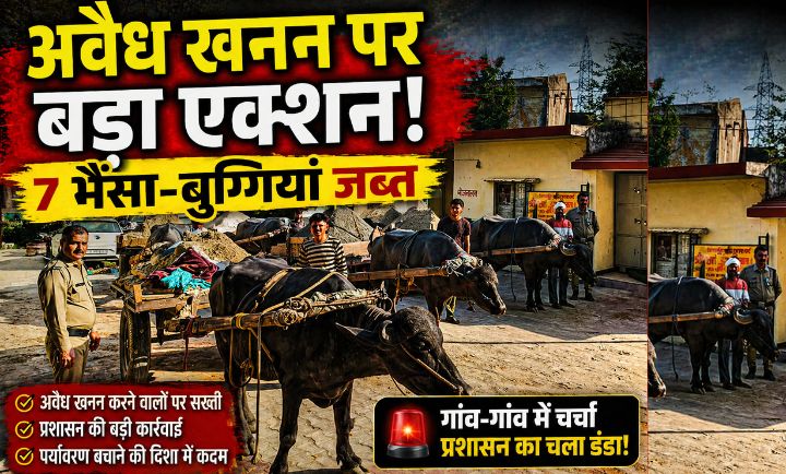 हरिद्वार के रानीपुर क्षेत्र में अवैध खनन के दौरान जब्त की गई भैंसा-बुग्गियां और मौके पर मौजूद पुलिस टीम”