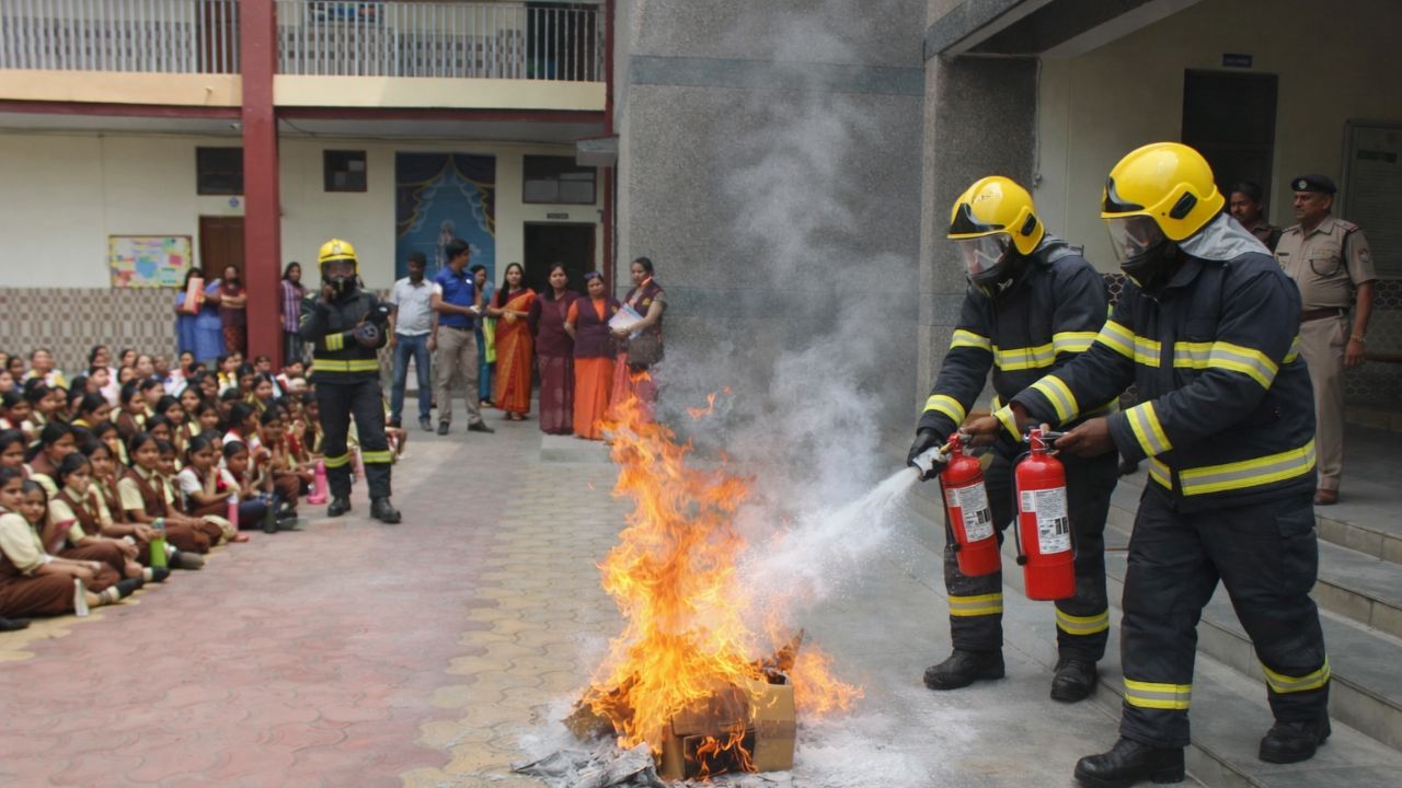 रुड़की में फायर स्टेशन टीम द्वारा स्कूल में आयोजित मॉक ड्रिल के दौरान छात्र-छात्राओं को आग से बचाव का प्रशिक्षण देते हुए