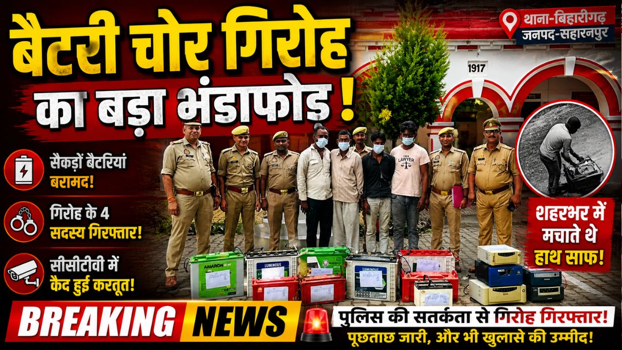 बिहारीगढ़ में बैटरी चोरी के मामले में गिरफ्तार आरोपी और बरामद बैटरियां व इन्वर्टर