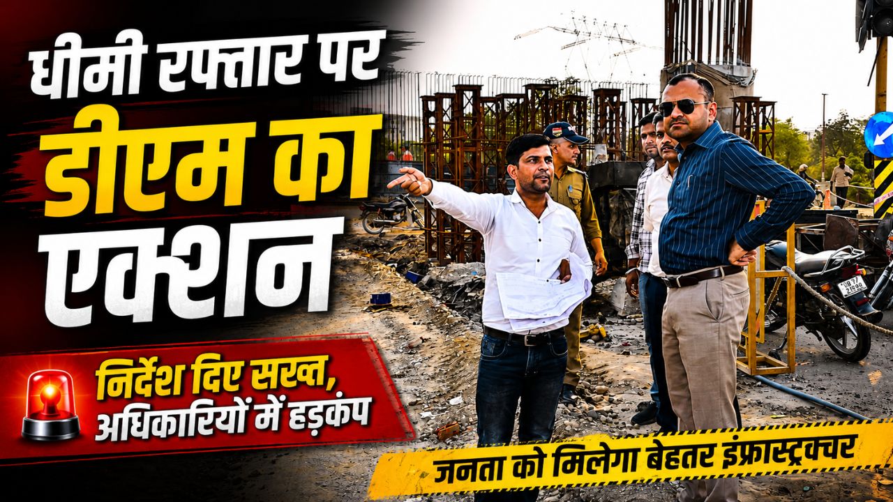 हरिद्वार में जिलाधिकारी द्वारा फ्लाईओवर निर्माण कार्यों का निरीक्षण करते हुए अधिकारी और इंजीनियर