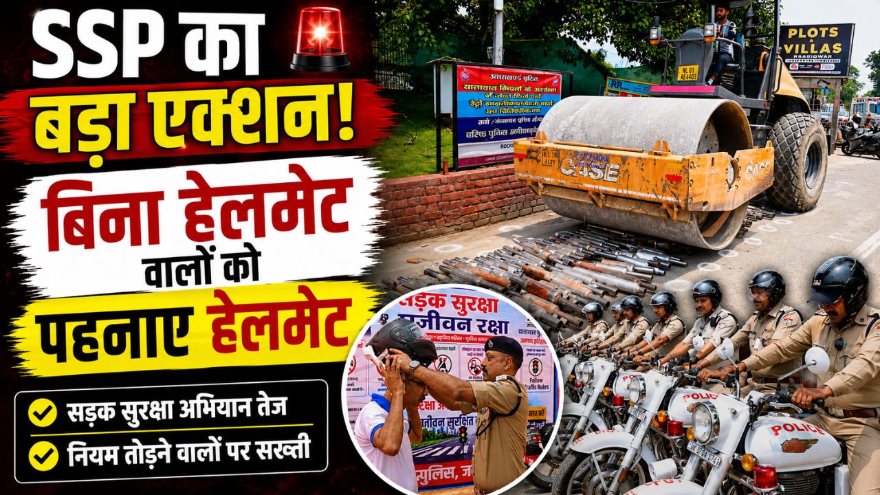 शंकराचार्य चौक पर सड़क सुरक्षा अभियान के दौरान बिना हेलमेट वाहन चालकों को हेलमेट पहनाते SSP हरिद्वार