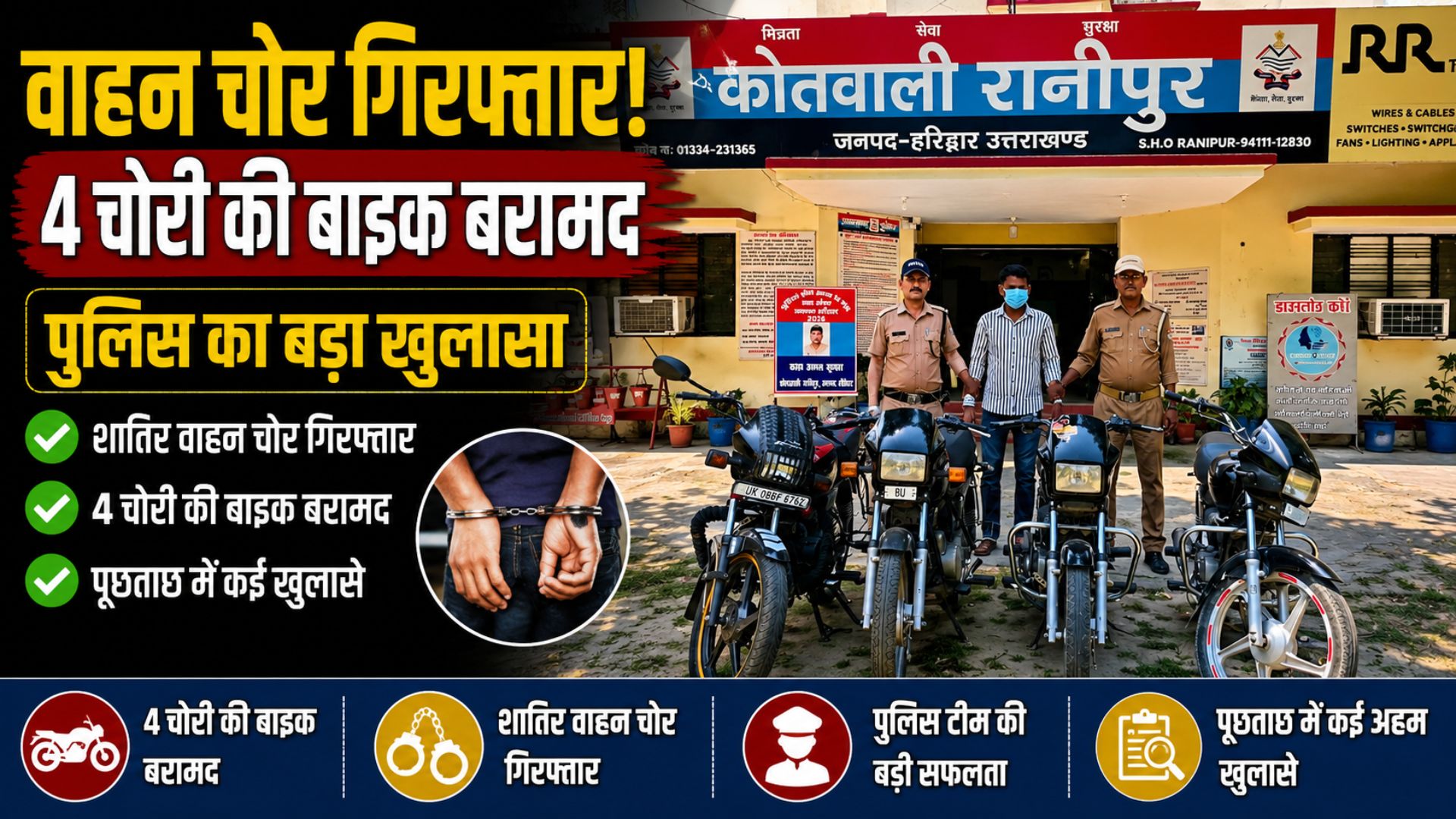 हरिद्वार में वाहन चोरी गिरोह का खुलासा शातिर चोर गिरफ्तार 4 चोरी की मोटरसाइकिल बरामद…