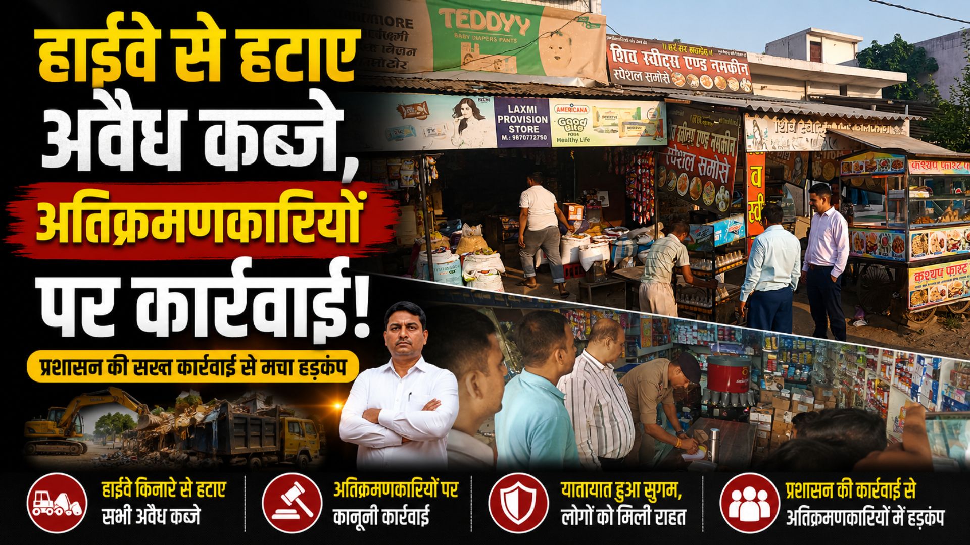 गोवर्धनपुर राष्ट्रीय राजमार्ग से हटाया गया अतिक्रमण 35 से अधिक अवैध कब्जे ध्वस्त 13 लोगों के चालान…