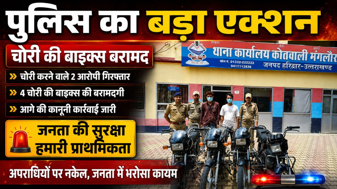 चोरी की मोटरसाइकिलों के साथ गिरफ्तार आरोपी और पुलिस टीम