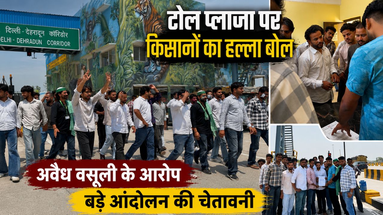 बिहारीगढ़ टोल प्लाजा पर प्रदर्शन करते किसान और संगठन पदाधिकारी