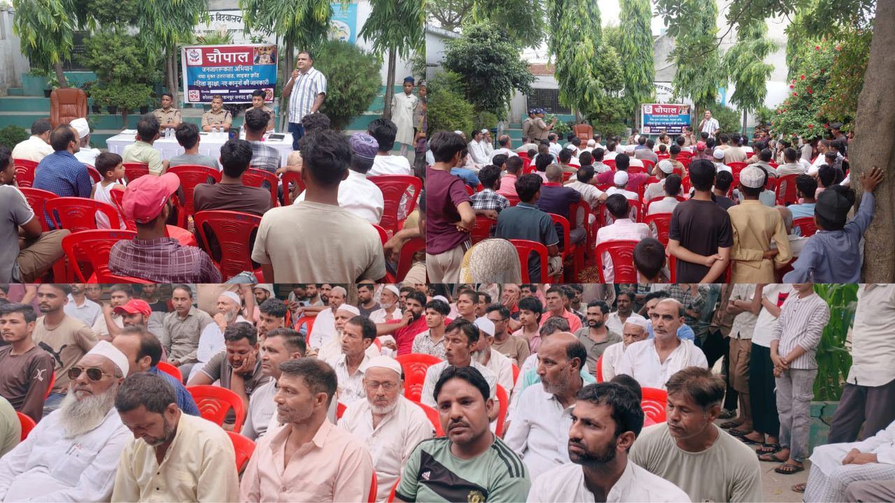 ग्राम कालेवाला में आयोजित चौपाल के दौरान ग्रामीणों, महिलाओं और युवाओं को साइबर सुरक्षा, महिला सुरक्षा और नशा मुक्ति के बारे में जागरूक करते भगवानपुर पुलिस के अधिकारी।