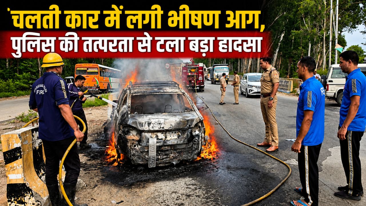 चलती कार में लगी भीषण आग श्यामपुर पुलिस और फायर ब्रिगेड की तत्परता से टला बड़ा हादसा…