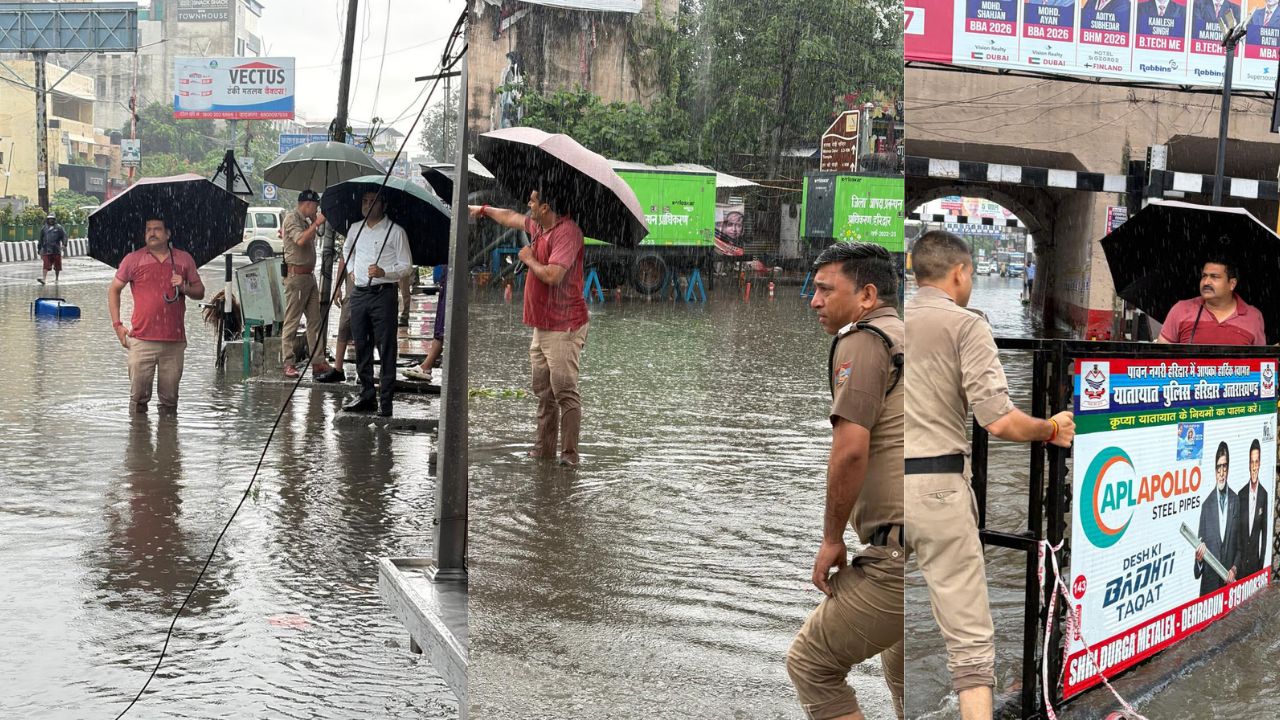 "हरिद्वार में भारी बारिश के दौरान जलभराव वाले क्षेत्र का निरीक्षण करते जिलाधिकारी मयूर दीक्षित और सड़क पर तैनात हरिद्वार पुलिस।"
