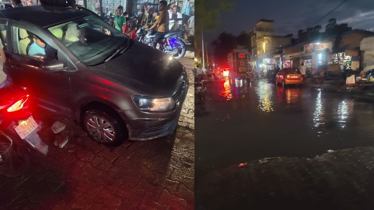 हरिद्वार के धनपुरा में शिव मंदिर पीठ बाजार के पास टूटी पुलिया और बारिश के बाद गड्ढे में फंसे वाहन।"