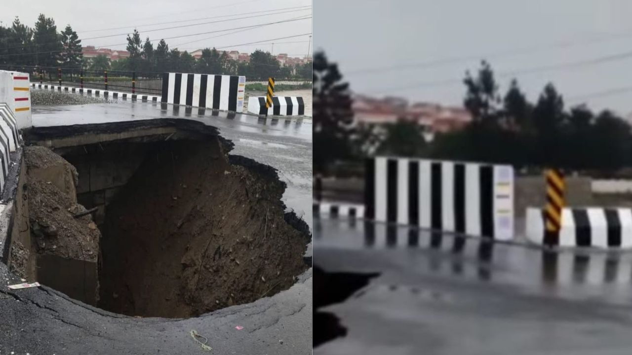 देहरादून में बारिश के बाद धंसी सड़क का निरीक्षण करते अधिकारी और सुरक्षा बैरिकेड